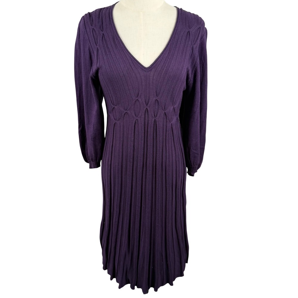 Max Studio S Sweater Dress Purple Ribbed V Neck Fit‎ Flare A906459 Midi Knit